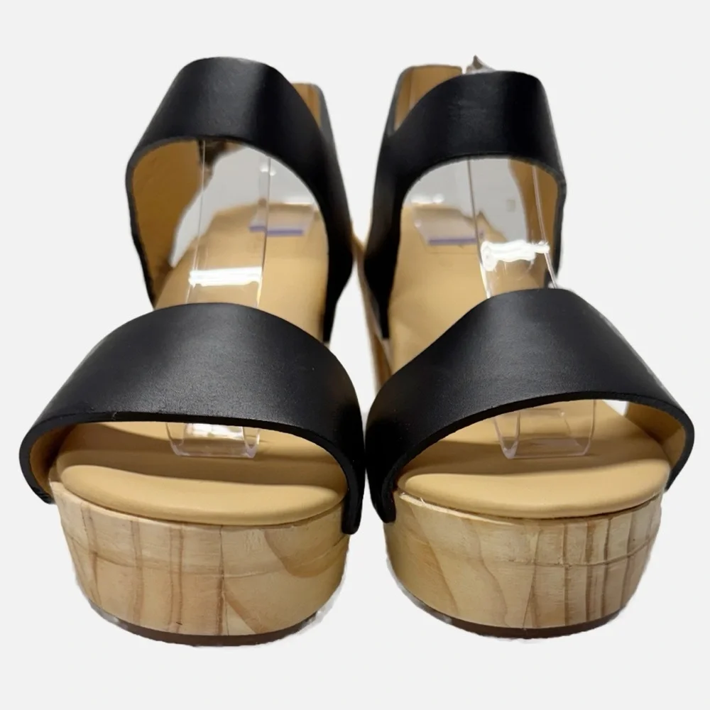 Nisolo Black Leather Platform Sandal with Wood Heel